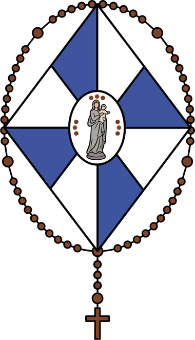 Emblème de l'École Notre-Dame de la Délivrande : losange marial, chapelet et croix